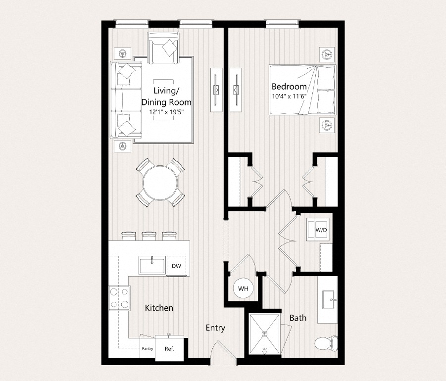 Floor plan for 1 bed, 1 bath, 721 sqft